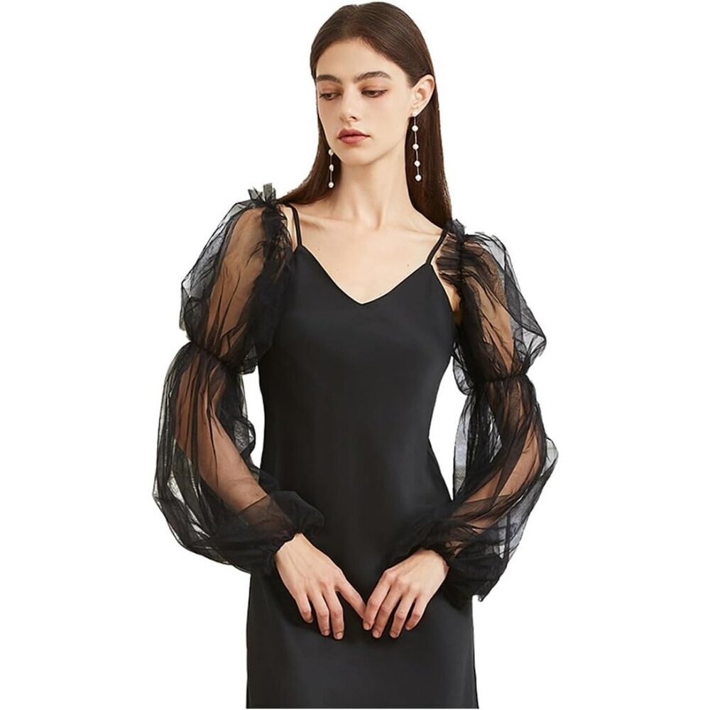 Women's Black 2 Satin Tulle  Ruffled Puff Long Gloves Banquet Wedding Party